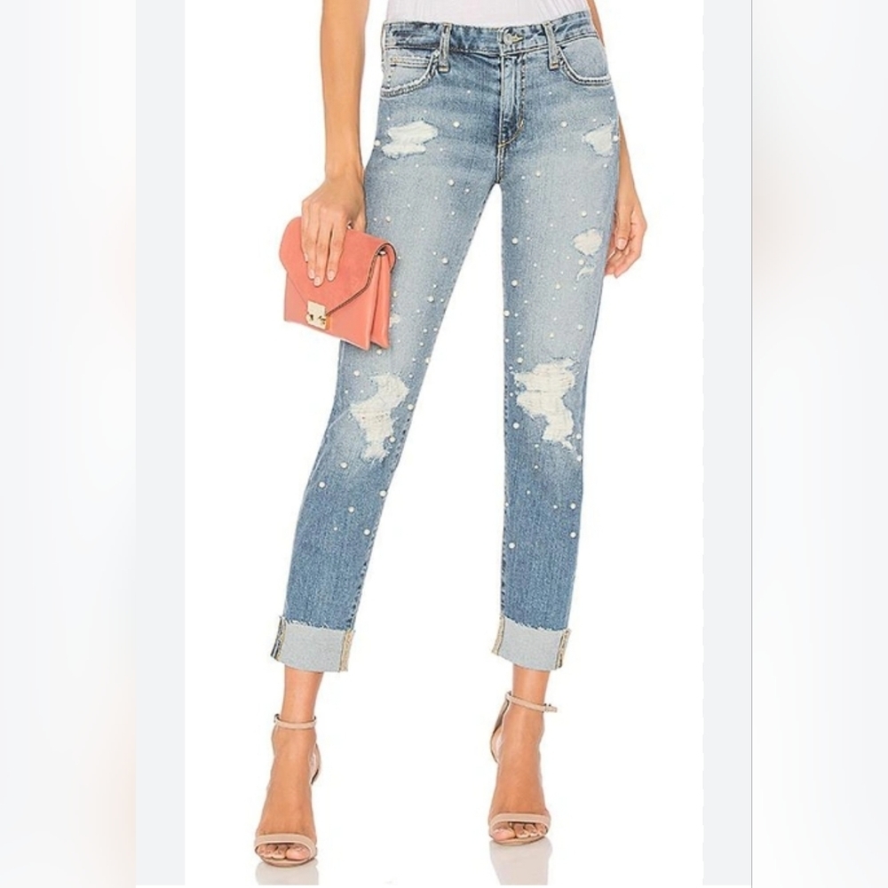 Joe's jeans with pearls The Smith Mid-Rise Straight-Leg Jeans Distressed sz 32